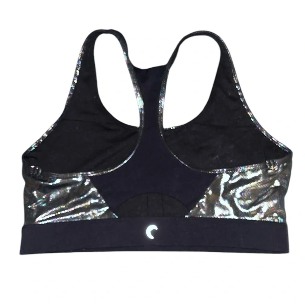 ZYIA Gunmetal Disco Ball Oil Slick‎ Luxe Sports Bra Metallic Silver